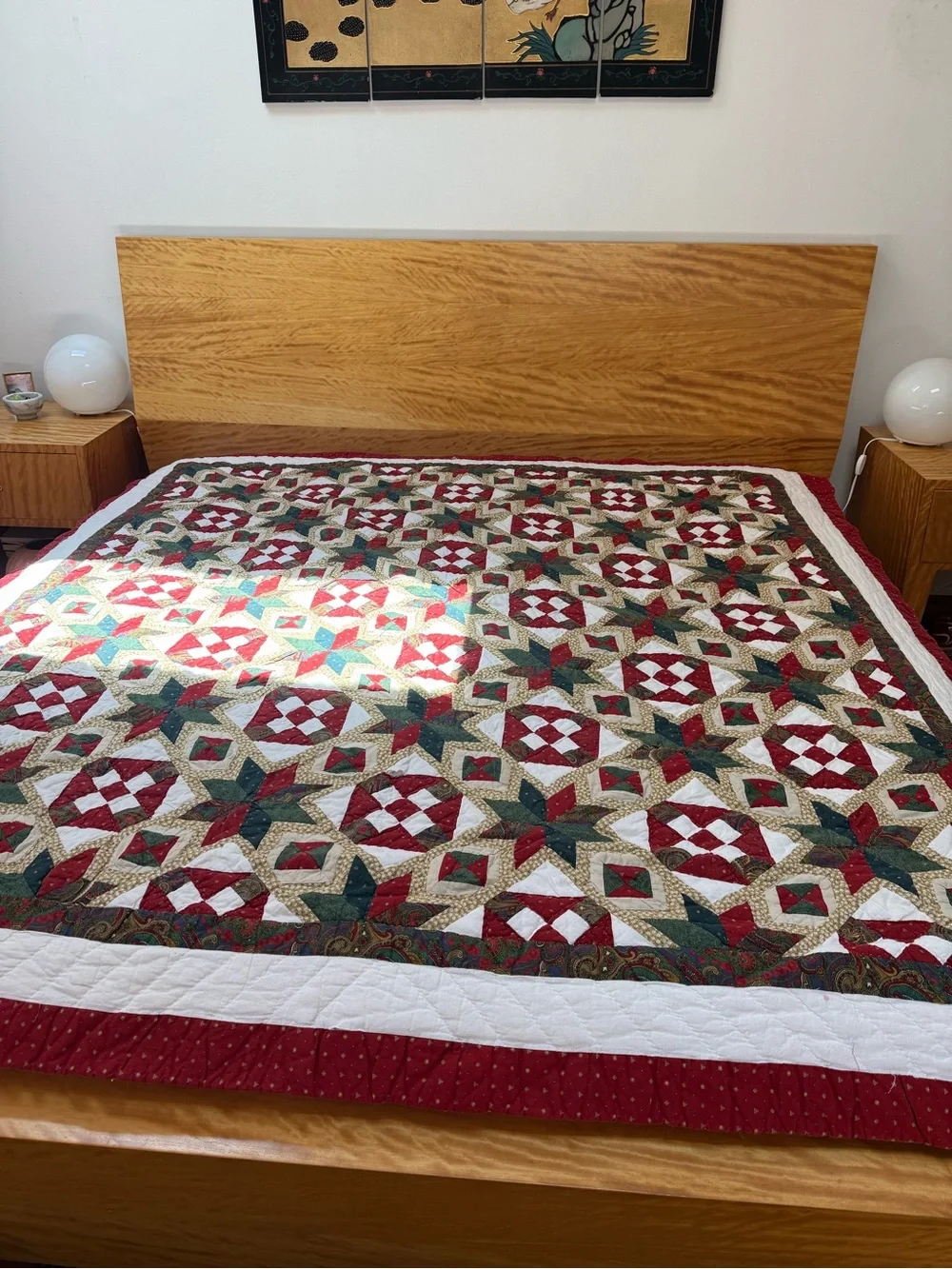 Handmade Red, Green and Cream Patchwork Quilt - Home Bedding